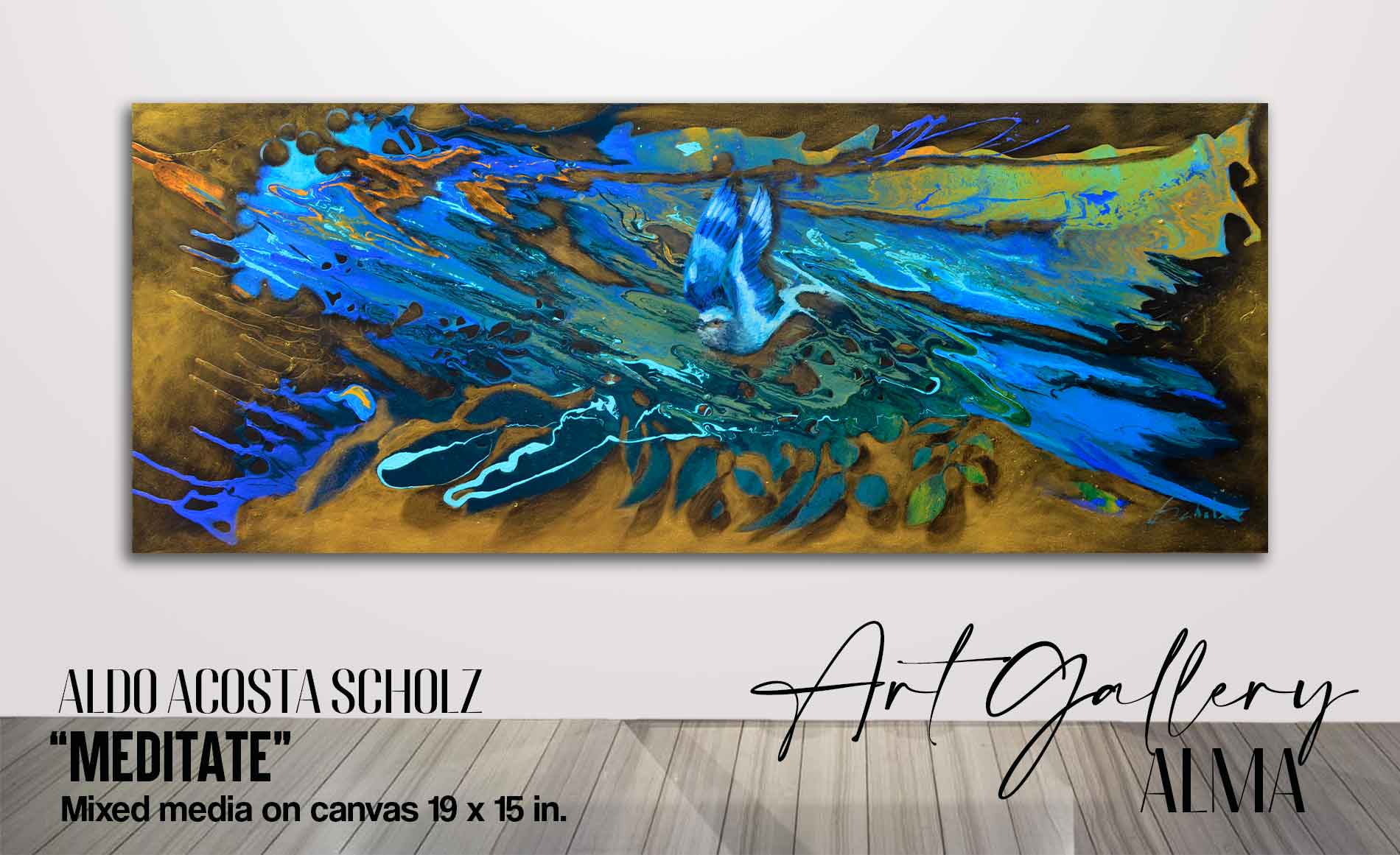 We can appreciate in this art for sale by contemporary artist Aldo Acosta Scholz, a bird that flies over a background as an Abstract art, the background is fracturing which symbolizes how the ego is losing strength. In this original paintings for sale for sale, the bird symbolizes the consciousness that begins the inner journey through meditation, we can also appreciate that we can buy the original art for sale and art prints for sale in this art gallery.