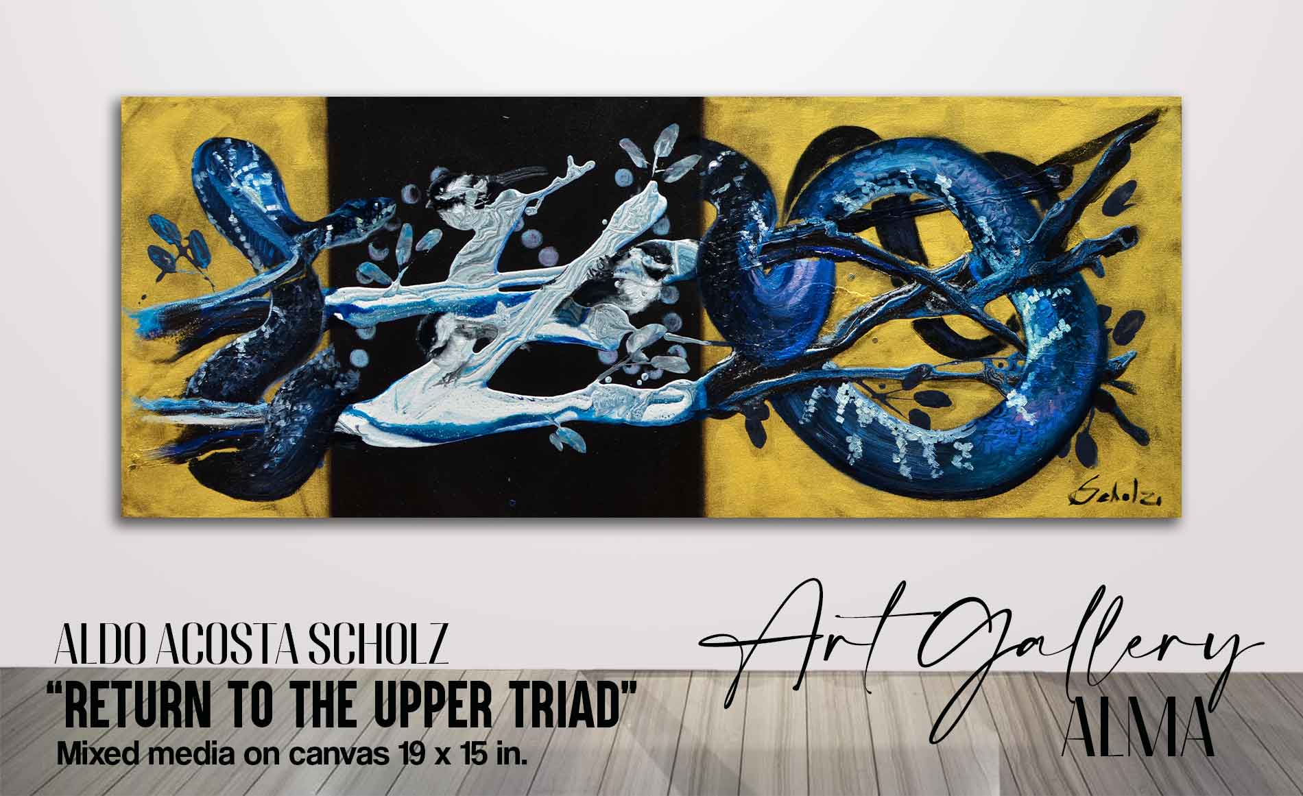 We see an original artwork for home for sale by contemporary artist Aldo Acosta Scholz, in his artwork you can see three birds that symbolize the superior triad or last room where the soul hopes to arrive, in this original artwork for sale online we also see a snake that makes spirals with its body, these spirals symbolize cycles and time in physical life. This beautiful modern artwork for sale can be purchased in our art gallery, you can also buy prints for sale in our art gallery, all our prints are limited edition prints, collectibles.