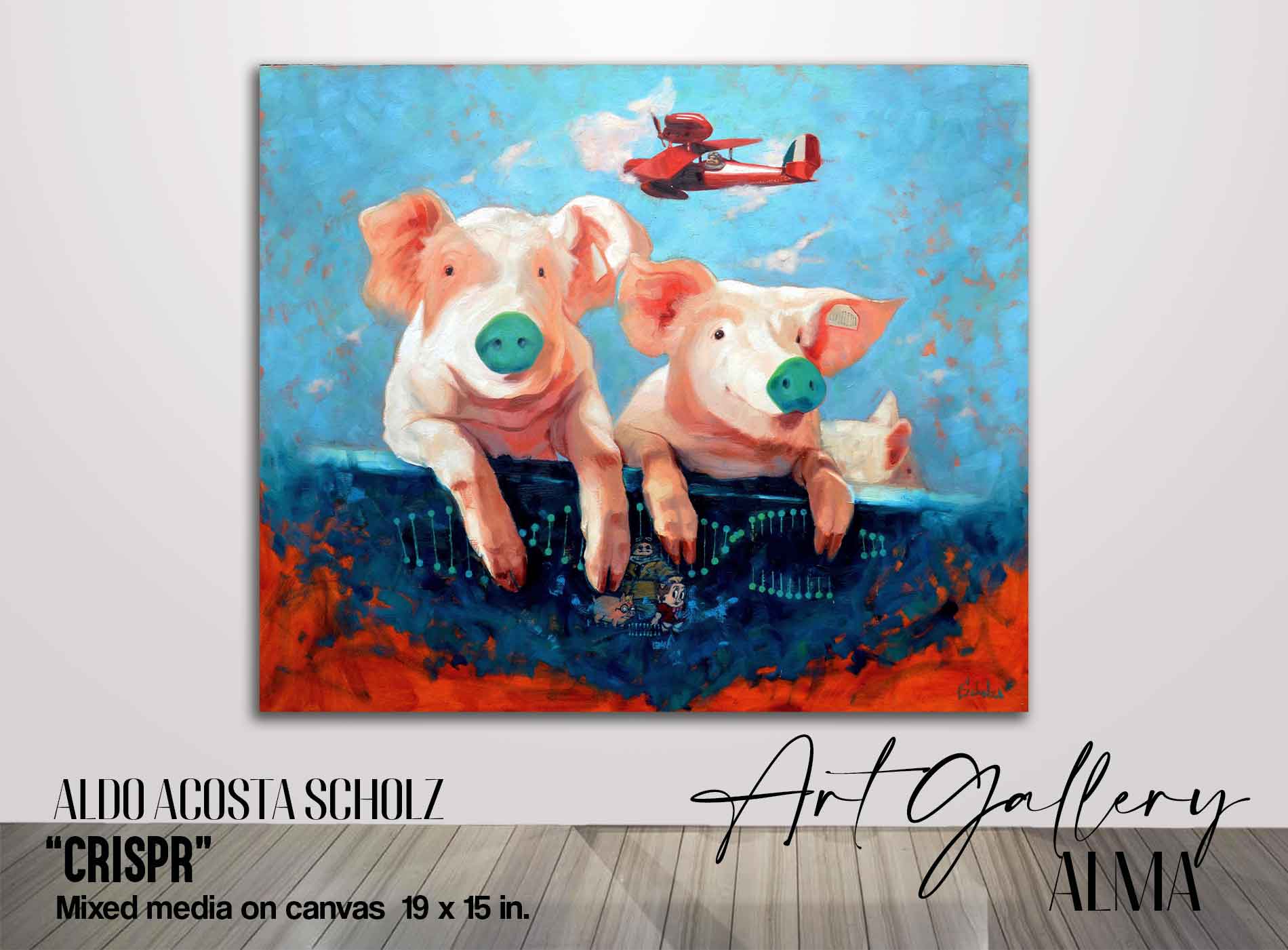 We can appreciate in this original canvas art for sale by the great artist Aldo Acosta Scholz some little pigs with green trunks due to a procedure by which jellyfish ink is placed on them, which makes them allogeneic to light. This canvas art for sale, paintings for sale and prints for sale can be purchased in our art gallery.