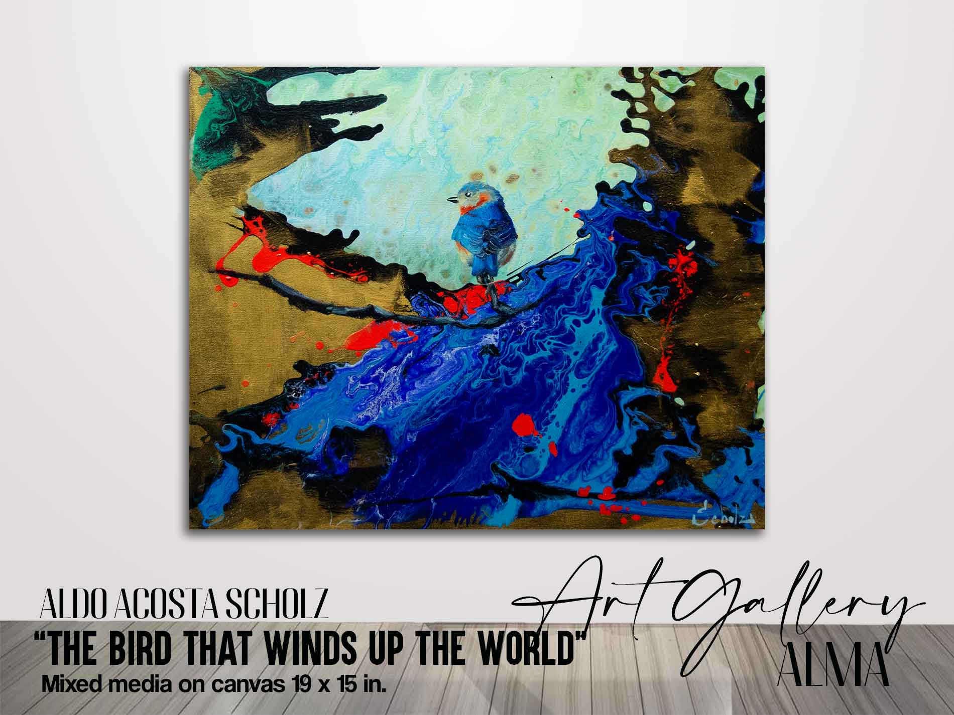 We see an canvas artwork for sale by contemporary artist Aldo Acosta, in which we can appreciate a beautiful artwork, we see a blue bird on an abstract background, in golden tones, this beautiful original artwork for sale deals with the hope that is born when one he finds himself and eliminates the modifications of his mind. We see that you can buy the original artwork for sale and art prints for sale.