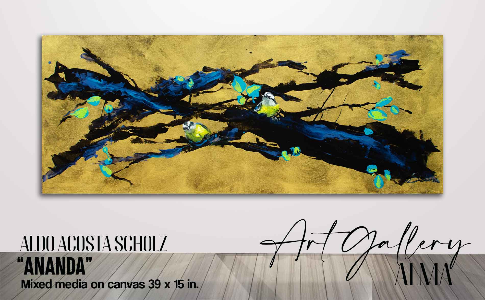 In this beautiful modern artwork for sale by contemporary artist Aldo Acosta Scholz, we see two yellow birds looking at each other, in their behavior we determine a state of harmony, the canvas artwork transmits a lot of peace, since the intention of visual art is to emulate the quality of the consciousness called Ananda, which reconciles the opposites. This artwork for sale online and art prints for sale can be purchased in our online art gallery.