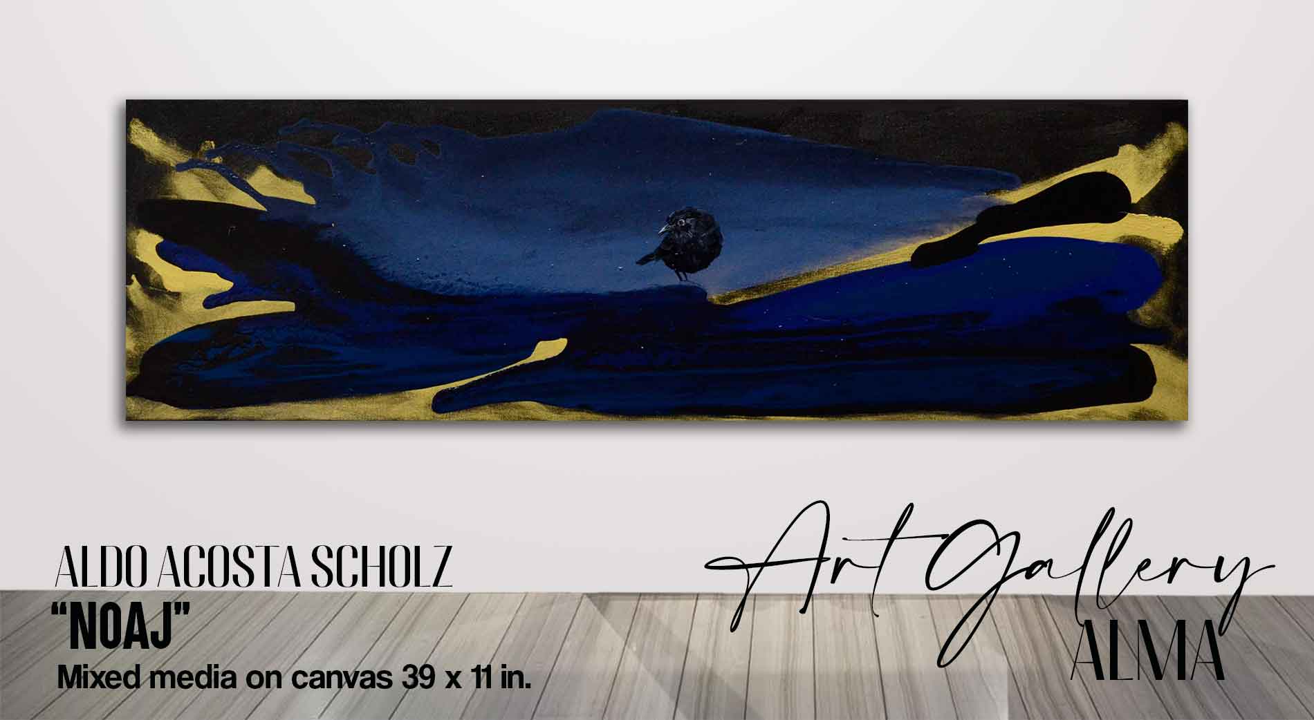 We can see in this original art for sale, an abstract landscape in blue tones that cover the background of this modern artwork, this visual art contains as its main element a black bird that symbolizes the dark night of the soul, a beautiful painting for sale by the artist Aldo Acosta Scholz.