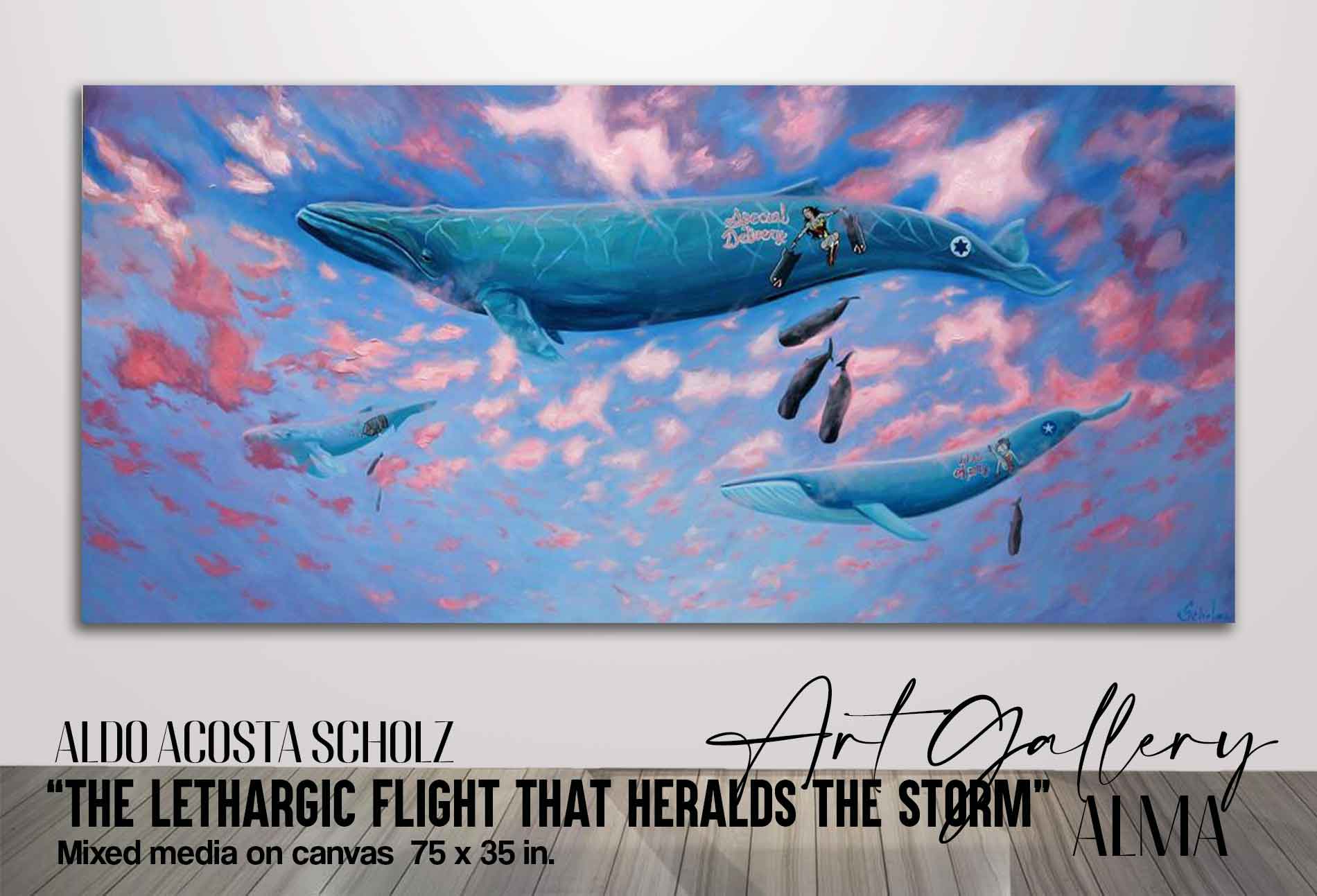 We can appreciate in this original art for sale by the great contemporary artist Aldo Acosta Scholz, a surreal scene of several whales flying over the sky dropping bombs on the earth. This paintings for sale symbolizes the continuous deterioration to which our nature is subjected due to the lack of scruples of the human being. You can buy original paintings, original art for sale for sale and prints for sale in our art gallery.