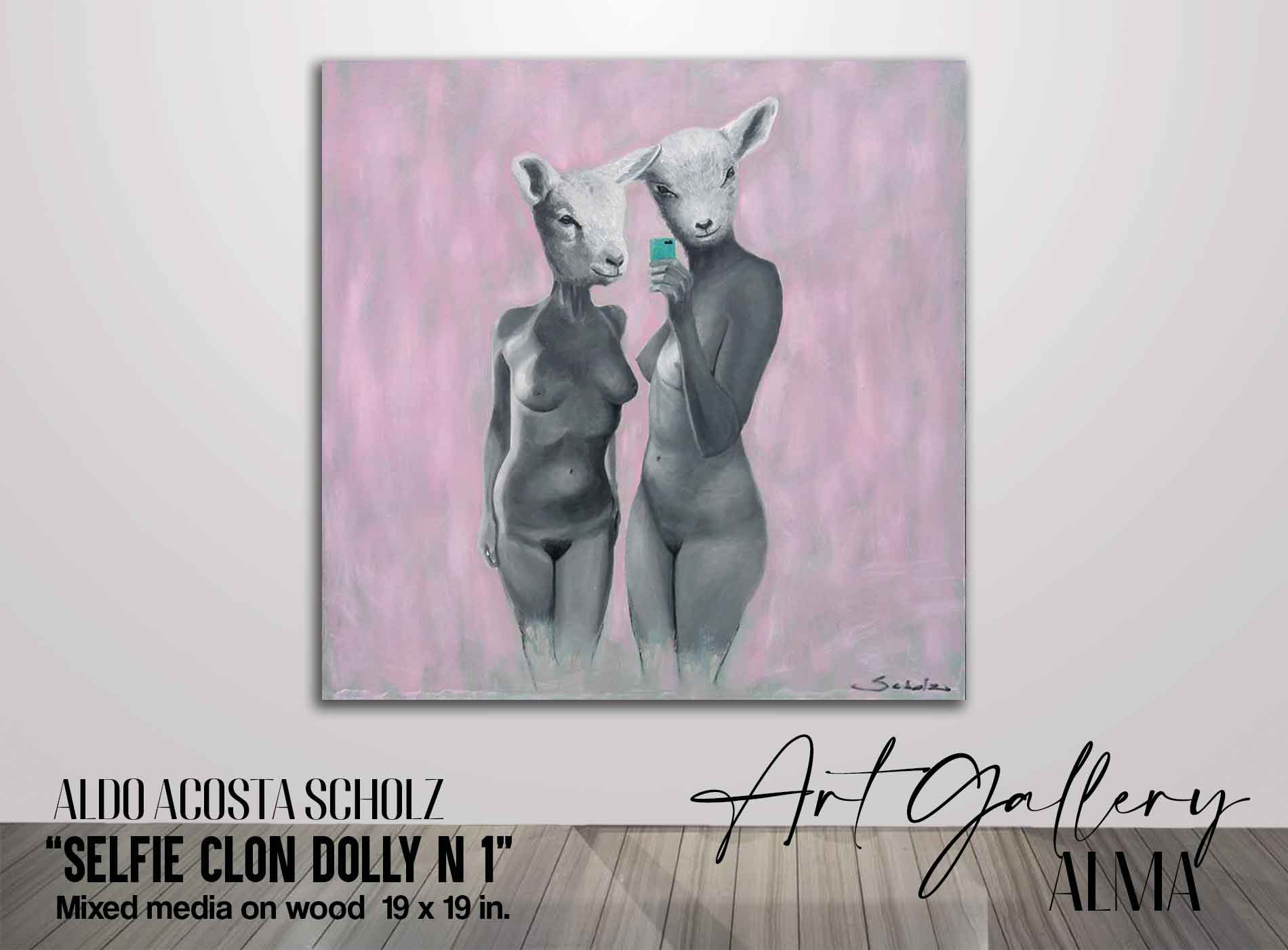 We can appreciate an original oil painting for sale by contemporary artist Aldo Acosta Scholz, where a female couple with a sheep's head can be seen, alluding to dolly the sheep, the first sheep to be cloned. This oil paintings for sale deals with the theme of how the human being tries to find his identity by copying images that he desires, the perceiver becomes the object of perception. You can buy this original painting for sale and art prints for sale in our art gallery.