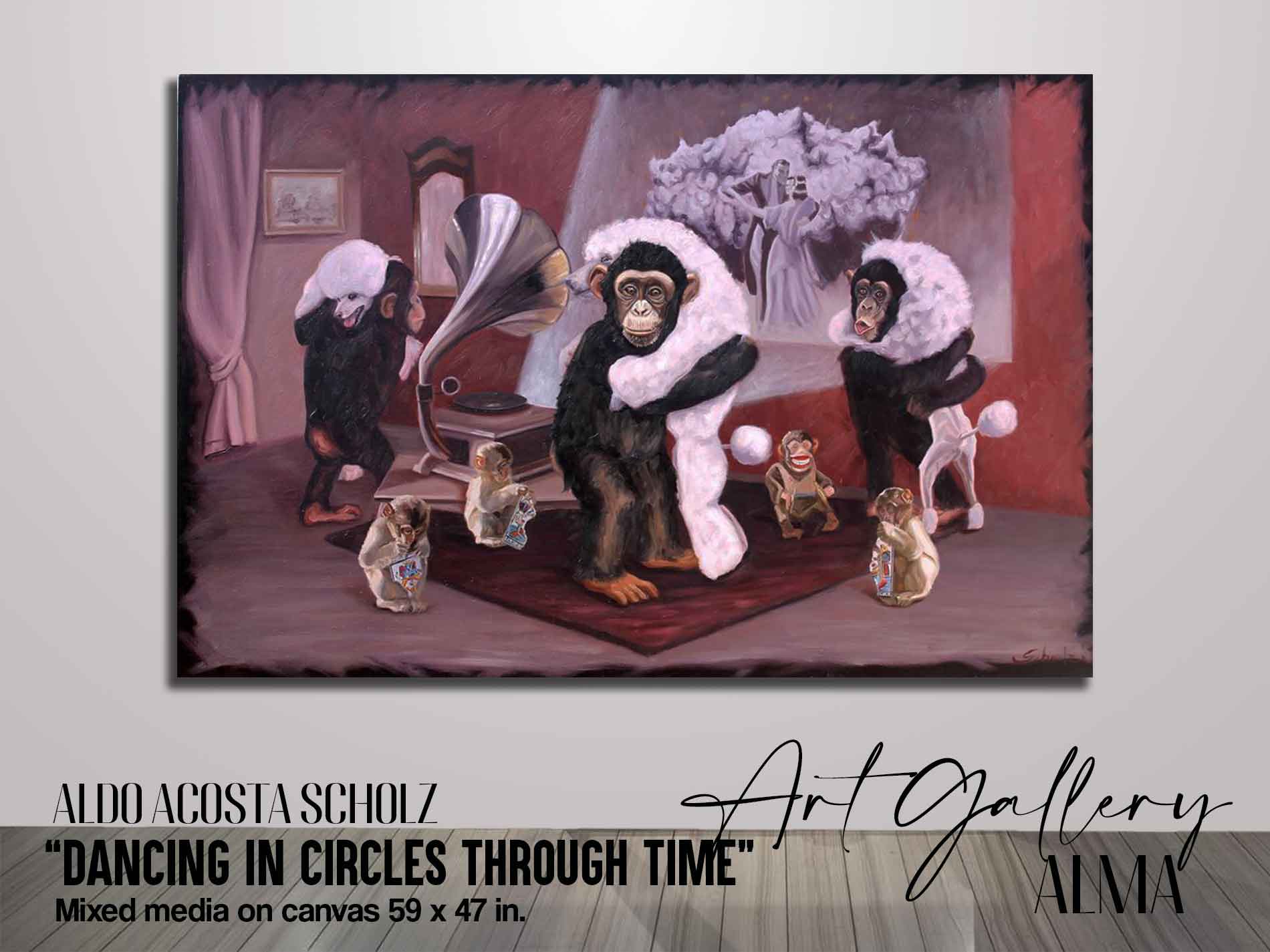 We can appreciate in this painting for sale by the great artist Aldo Acosta Scholz some monkeys dancing with some dogs in a room with a movie projector that shows the scene of the moment the Hiroshima bomb explodes, this original art for sale is a metaphor that human beings live in total detachment from others. You can buy paintings for sale, original art for sale and prints for sale in our art gallery.