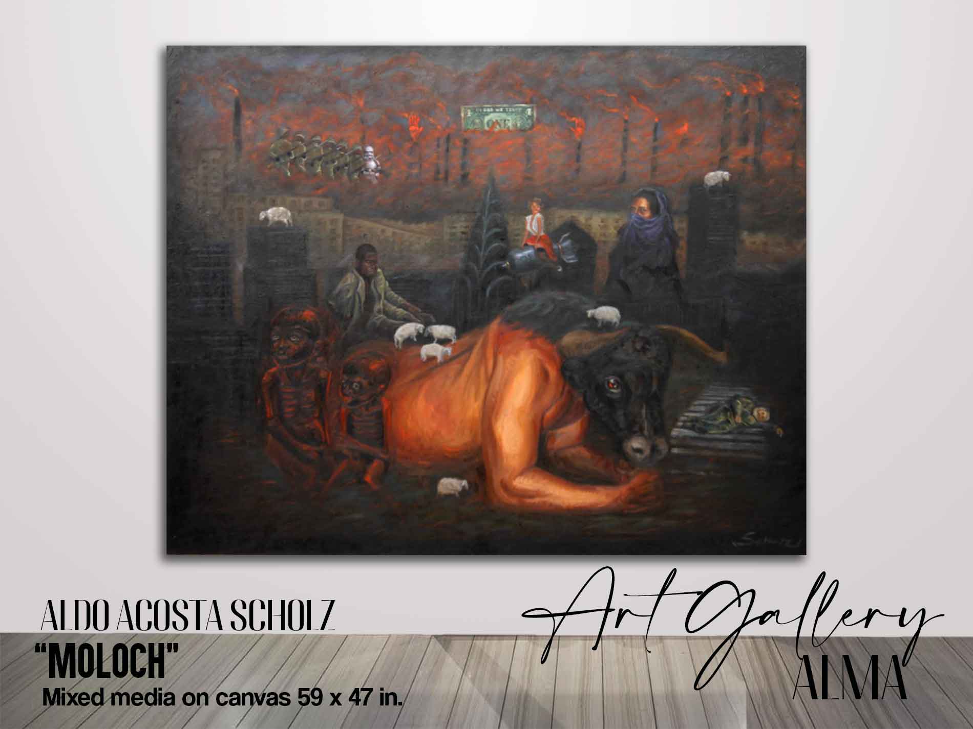 We can see a beautiful paintings for sale by the great contemporary artist Aldo Acosta Scholz, where we see a man with the head of a bull and a human body lying on the pavement, we can see scenes of war and poverty, this original painting for sale symbolizes the problems for those that man goes through in the world, We can also see how you can buy paintings for sale, original art for sale and prints for sale in our art gallery.