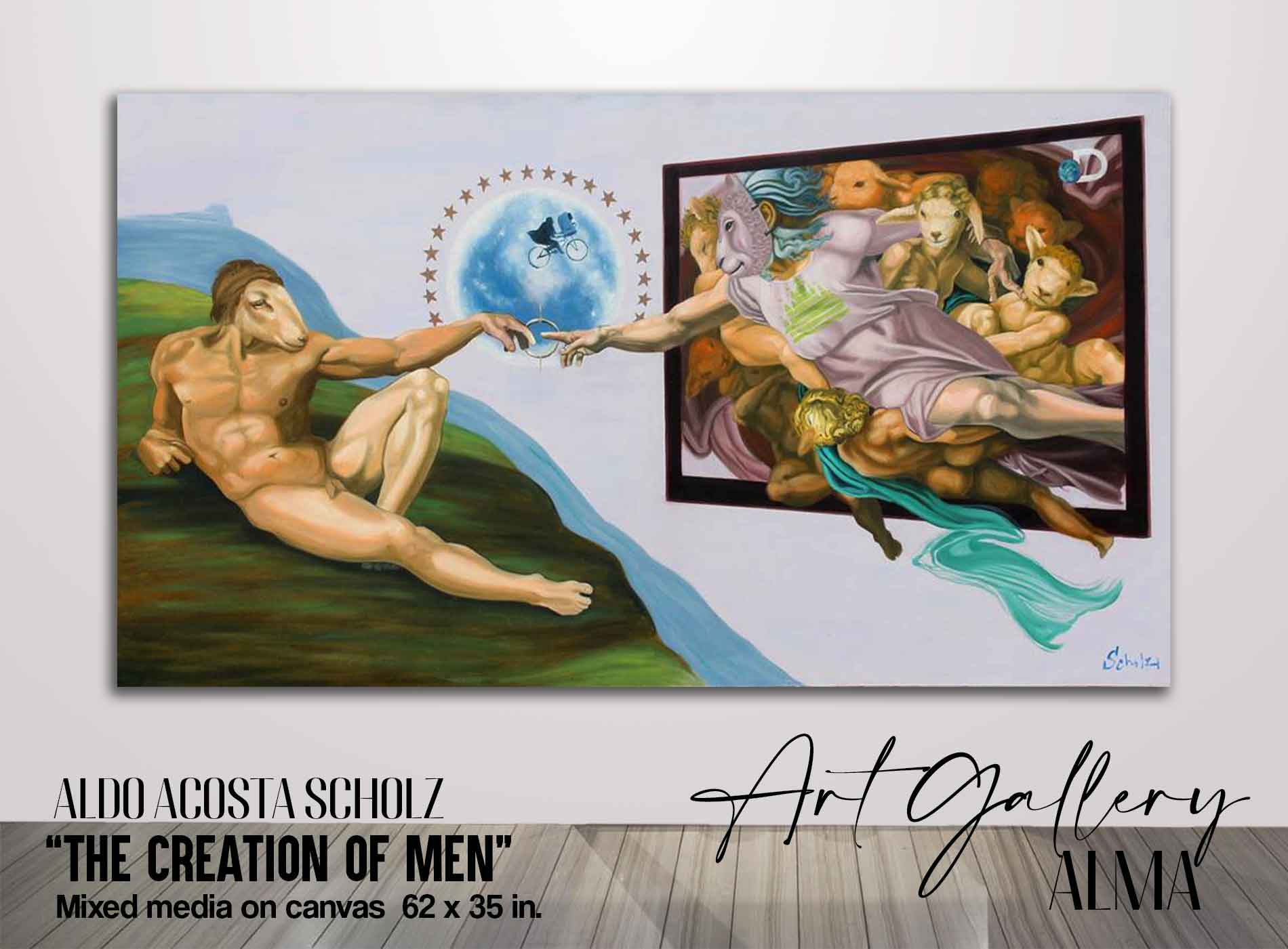 We can appreciate a beautiful paintings for sale by the great contemporary artist Aldo Acosta Scholz in which we see two men joining by the touch of their index fingers, as a parody of the creation of man, this beautiful original art for sale by the artist is an allegory of how man is built by everything he perceives. It looks like you can buy original paintings for sale, original art for sale and prints for sale in our art gallery.