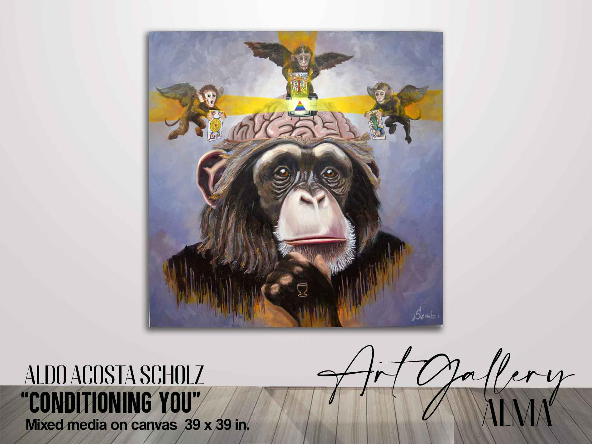 We can visualize in this paintings for sale by the great contemporary artist Aldo Acosta Scholz, the image of a monkey with and on its head a television that gives off a light that goes in three directions, which symbolizes in this original art for sale how we are conditioned every second by the images we perceive. We can appreciate that you can buy paintings for sale, original art for sale and prints for sale in our art gallery.