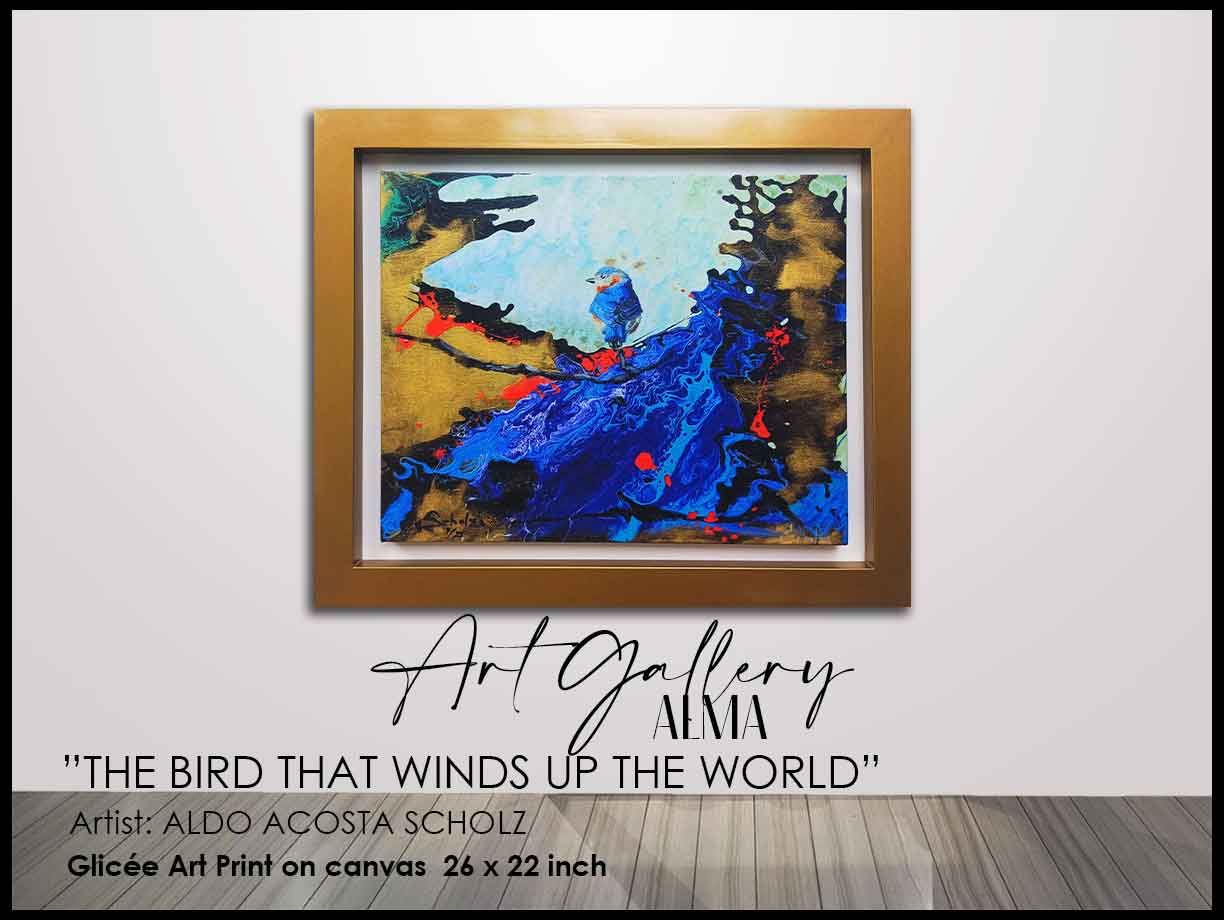 We see original prints for sale called The bird that winds up the world by the great contemporary artist Aldo Acosta Scholz. At Art gallery Alma you can buy art online, buy art, buy original art. Art for sale