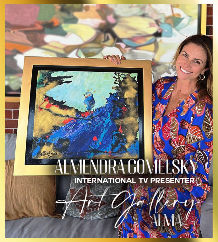 In the picture we can appreciate the prestigious international TV presenter Almendra Gomelsky who holds a Limited Edition Art print by Artist Aldo Acosta Scholz. The original painting she is holding is called “The Bird that winds up the world”. Alma Art Gallery has the best in art for sale, original paintings for sale, original art for sale and Art prints for sale.