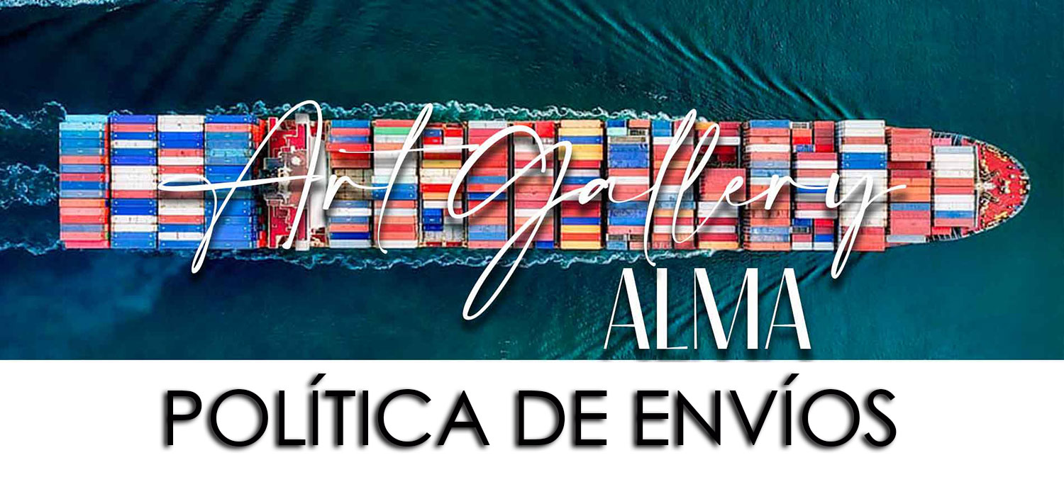 En la imagen observamos un barco con muchos conteiner surcando el mar. La imagen es la portada de la sección Política de envíos de la galería de arte Alma