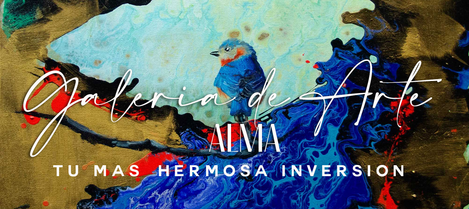 Podemos apreciar una obra de arte contemporánea donde se encuentra un pájaro azul posado en una rama sobre un fondo abstracto de muchos colores y dorados, en la pintura figura la inscripción galería de arte alma venta de obras de arte